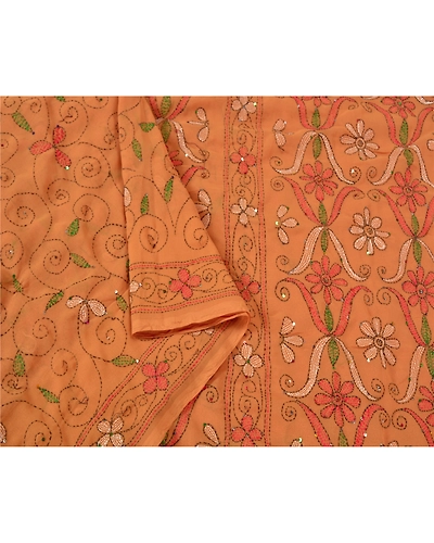 Sanskriti Vintage Brown Sarees Georgette Hand Beaded Kantha Premium Sari Fabric, PS-60901-Shade Of Brown-Thread Work-Georgette-10