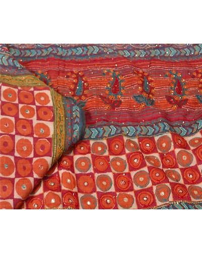 Sanskriti Vintage Orange Sarees 100% Pure Silk Hand Beaded Sari Craft Fabric, PS-60907-Orange &amp; Blue-Printed Work-Pure Silk-2