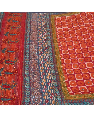 Sanskriti Vintage Orange Sarees 100% Pure Silk Hand Beaded Sari Craft Fabric, PS-60907-Orange &amp; Blue-Printed Work-Pure Silk-4