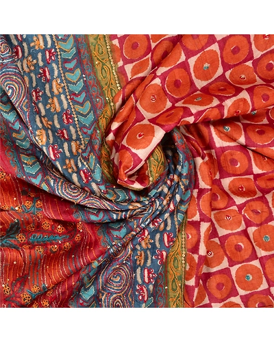 Sanskriti Vintage Orange Sarees 100% Pure Silk Hand Beaded Sari Craft Fabric, PS-60907-Orange &amp; Blue-Printed Work-Pure Silk-7