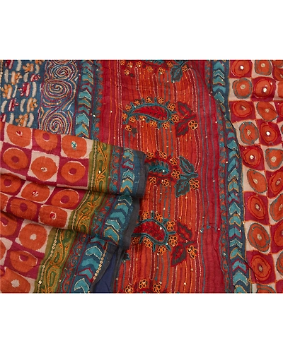 Sanskriti Vintage Orange Sarees 100% Pure Silk Hand Beaded Sari Craft Fabric, PS-60907-Orange &amp; Blue-Printed Work-Pure Silk-8