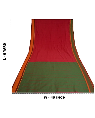 Sanskriti Vintage Dark Red Sarees Blend Cotton Woven Premium Sari Craft Fabric, PS-60915-Dark Red &amp; Green-Woven Work-Blend Cotton-1