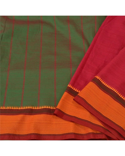 Sanskriti Vintage Dark Red Sarees Blend Cotton Woven Premium Sari Craft Fabric, PS-60915-Dark Red &amp; Green-Woven Work-Blend Cotton-2