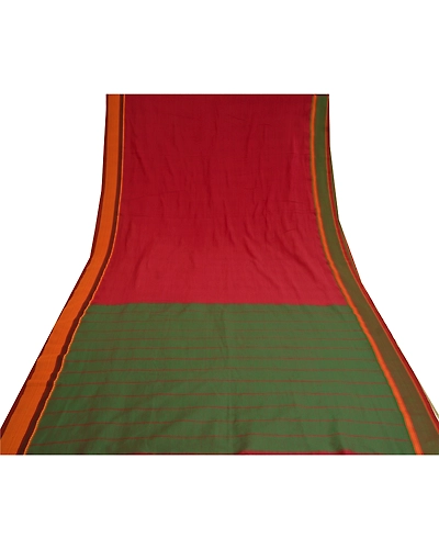 Sanskriti Vintage Dark Red Sarees Blend Cotton Woven Premium Sari Craft Fabric, PS-60915-Dark Red &amp; Green-Woven Work-Blend Cotton-9