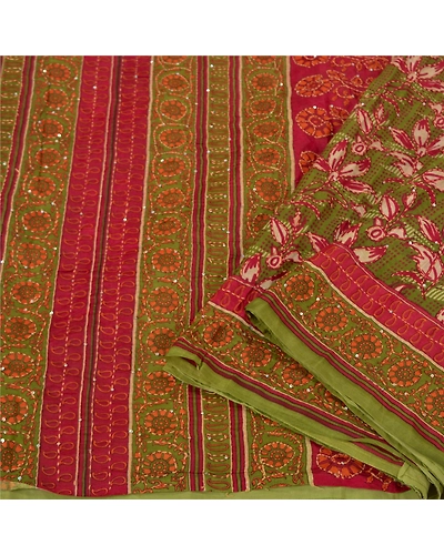 Sanskriti Vintage Dark Red Sarees 100% Pure Silk Hand Beaded Kantha Sari Fabric, PS-60916-Dark Red &amp; Green-Thread Work-Pure Silk-2