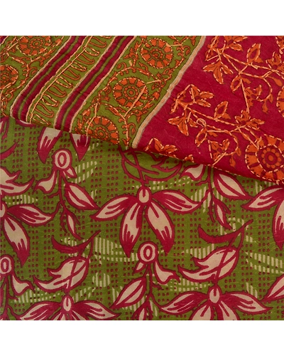 Sanskriti Vintage Dark Red Sarees 100% Pure Silk Hand Beaded Kantha Sari Fabric, PS-60916-Dark Red &amp; Green-Thread Work-Pure Silk-3