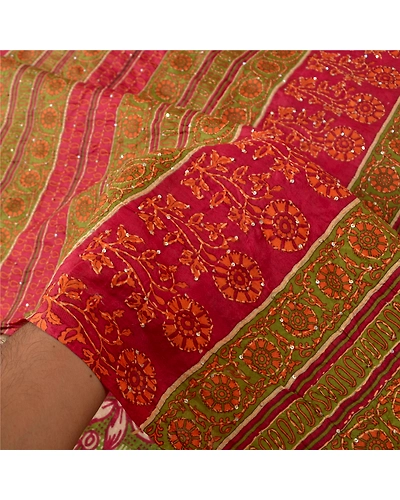 Sanskriti Vintage Dark Red Sarees 100% Pure Silk Hand Beaded Kantha Sari Fabric, PS-60916-Dark Red &amp; Green-Thread Work-Pure Silk-5