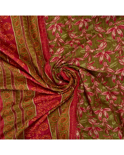 Sanskriti Vintage Dark Red Sarees 100% Pure Silk Hand Beaded Kantha Sari Fabric, PS-60916-Dark Red &amp; Green-Thread Work-Pure Silk-7