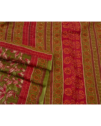 Sanskriti Vintage Dark Red Sarees 100% Pure Silk Hand Beaded Kantha Sari Fabric, PS-60916-Dark Red &amp; Green-Thread Work-Pure Silk-8