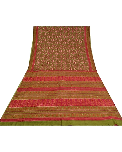 Sanskriti Vintage Dark Red Sarees 100% Pure Silk Hand Beaded Kantha Sari Fabric, PS-60916-Dark Red &amp; Green-Thread Work-Pure Silk-9