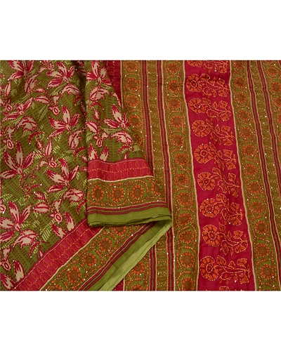 Sanskriti Vintage Dark Red Sarees 100% Pure Silk Hand Beaded Kantha Sari Fabric, PS-60916-Dark Red &amp; Green-Thread Work-Pure Silk-10
