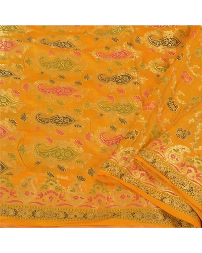 Sanskriti Vintage Yellow Sarees 100% Pure Silk Woven Premium Sari Craft Fabric, PS-60930-Yellow-Woven Work-Pure Silk-2