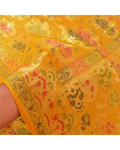 Sanskriti Vintage Yellow Sarees 100% Pure Silk Woven Premium Sari Craft Fabric, PS-60930-Yellow-Woven Work-Pure Silk-5