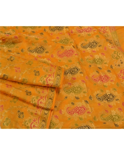Sanskriti Vintage Yellow Sarees 100% Pure Silk Woven Premium Sari Craft Fabric, PS-60930-Yellow-Woven Work-Pure Silk-8