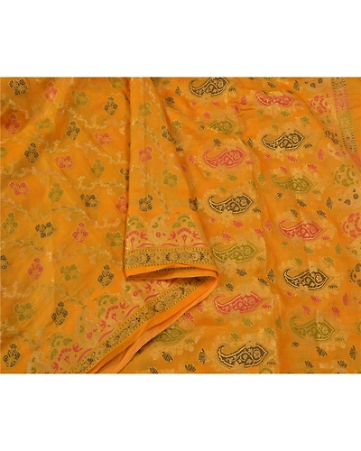Sanskriti Vintage Yellow Sarees 100% Pure Silk Woven Premium Sari Craft Fabric, PS-60930-Yellow-Woven Work-Pure Silk-10