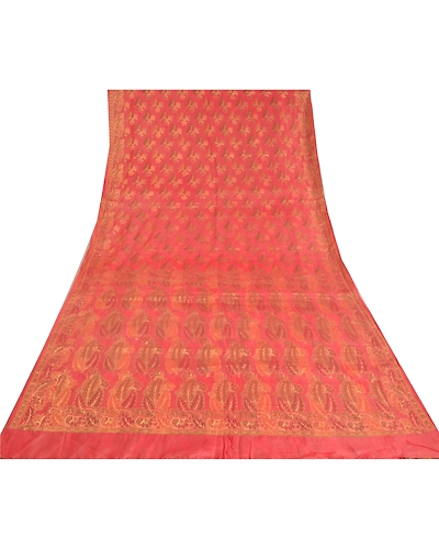 Sanskriti Vintage Peach Sarees 100% Pure Silk Woven Premium Sari Craft Fabric, PS-60931-Peach-Woven Work-Pure Silk-8
