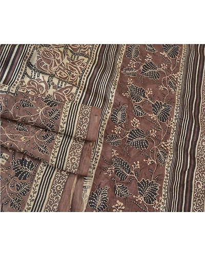 Sanskriti Vintage Brown Sarees 100% Pure Silk Embroidered Sari Craft Fabric, PS-60933-Brown &amp; Ivory-Thread Work-Pure Silk-8