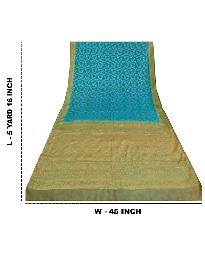 Sanskriti Vintage Blue Indian Sarees 100% Pure Silk Woven Sari Craft 5 Yd Fabric, PS-60936-Blue &amp; Pale Cream-Woven Work-Pure Silk-1