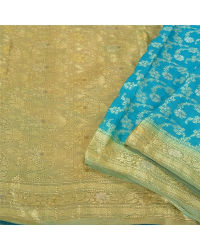 Sanskriti Vintage Blue Indian Sarees 100% Pure Silk Woven Sari Craft 5 Yd Fabric, PS-60936-Blue &amp; Pale Cream-Woven Work-Pure Silk-2