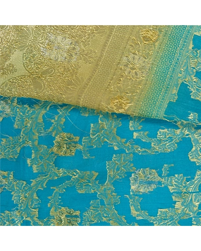 Sanskriti Vintage Blue Indian Sarees 100% Pure Silk Woven Sari Craft 5 Yd Fabric, PS-60936-Blue &amp; Pale Cream-Woven Work-Pure Silk-3