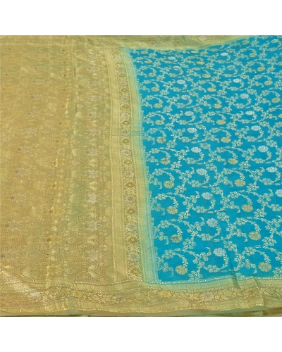 Sanskriti Vintage Blue Indian Sarees 100% Pure Silk Woven Sari Craft 5 Yd Fabric, PS-60936-Blue &amp; Pale Cream-Woven Work-Pure Silk-4