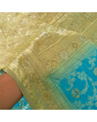 Sanskriti Vintage Blue Indian Sarees 100% Pure Silk Woven Sari Craft 5 Yd Fabric, PS-60936-Blue &amp; Pale Cream-Woven Work-Pure Silk-5