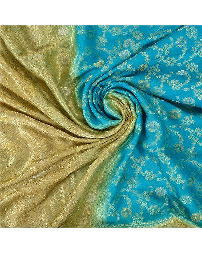 Sanskriti Vintage Blue Indian Sarees 100% Pure Silk Woven Sari Craft 5 Yd Fabric, PS-60936-Blue &amp; Pale Cream-Woven Work-Pure Silk-7