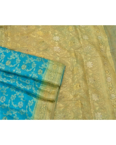Sanskriti Vintage Blue Indian Sarees 100% Pure Silk Woven Sari Craft 5 Yd Fabric, PS-60936-Blue &amp; Pale Cream-Woven Work-Pure Silk-8