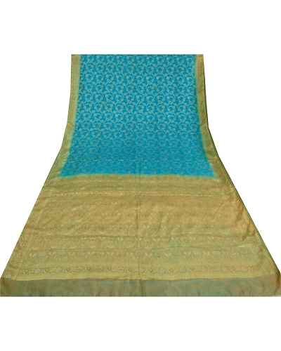 Sanskriti Vintage Blue Indian Sarees 100% Pure Silk Woven Sari Craft 5 Yd Fabric, PS-60936-Blue &amp; Pale Cream-Woven Work-Pure Silk-9