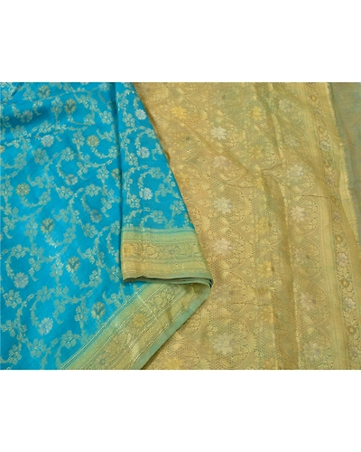 Sanskriti Vintage Blue Indian Sarees 100% Pure Silk Woven Sari Craft 5 Yd Fabric, PS-60936-Blue &amp; Pale Cream-Woven Work-Pure Silk-10