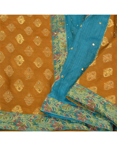 Sanskriti Vintage Mustard Sarees 100% Pure Silk Hand Beaded Woven Sari Fabric, PS-60939-Mustard &amp; Blue-Beaded Work-Pure Silk-2