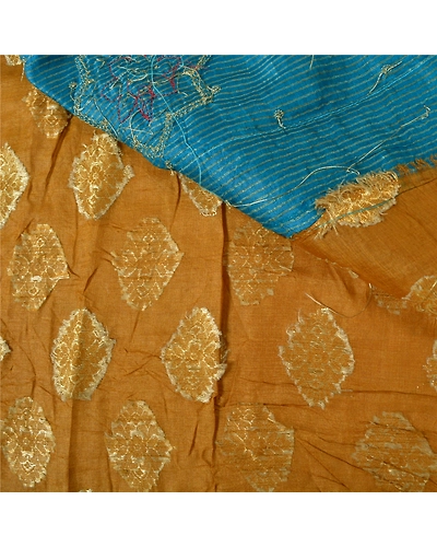 Sanskriti Vintage Mustard Sarees 100% Pure Silk Hand Beaded Woven Sari Fabric, PS-60939-Mustard &amp; Blue-Beaded Work-Pure Silk-3