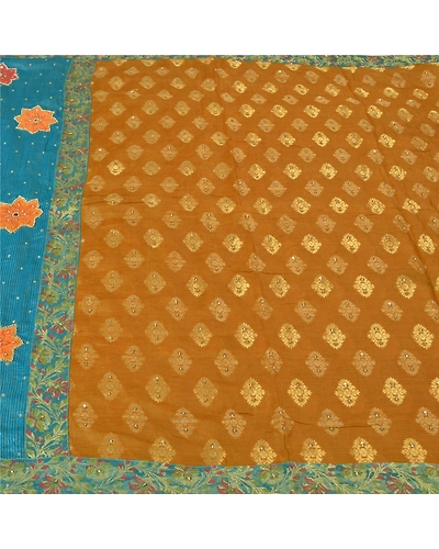 Sanskriti Vintage Mustard Sarees 100% Pure Silk Hand Beaded Woven Sari Fabric, PS-60939-Mustard &amp; Blue-Beaded Work-Pure Silk-4