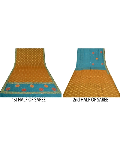 Sanskriti Vintage Mustard Sarees 100% Pure Silk Hand Beaded Woven Sari Fabric, PS-60939-Mustard &amp; Blue-Beaded Work-Pure Silk-6