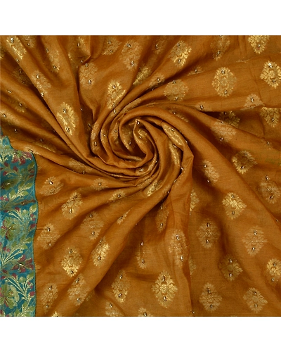 Sanskriti Vintage Mustard Sarees 100% Pure Silk Hand Beaded Woven Sari Fabric, PS-60939-Mustard &amp; Blue-Beaded Work-Pure Silk-7