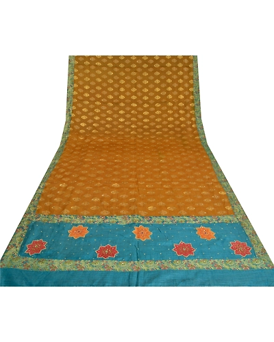 Sanskriti Vintage Mustard Sarees 100% Pure Silk Hand Beaded Woven Sari Fabric, PS-60939-Mustard &amp; Blue-Beaded Work-Pure Silk-9