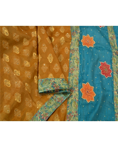 Sanskriti Vintage Mustard Sarees 100% Pure Silk Hand Beaded Woven Sari Fabric, PS-60939-Mustard &amp; Blue-Beaded Work-Pure Silk-10