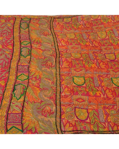 Sanskriti Vintage Indian Sarees 100% Pure Silk Hand Beaded Sari Craft Fabric, PS-60942-Multi-Printed Work-Pure Silk-4