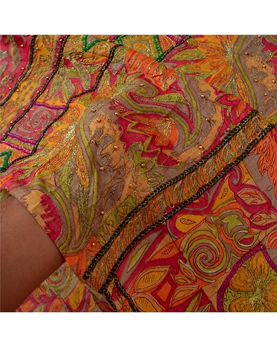 Sanskriti Vintage Indian Sarees 100% Pure Silk Hand Beaded Sari Craft Fabric, PS-60942-Multi-Printed Work-Pure Silk-5