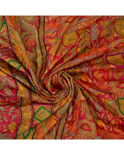 Sanskriti Vintage Indian Sarees 100% Pure Silk Hand Beaded Sari Craft Fabric, PS-60942-Multi-Printed Work-Pure Silk-7