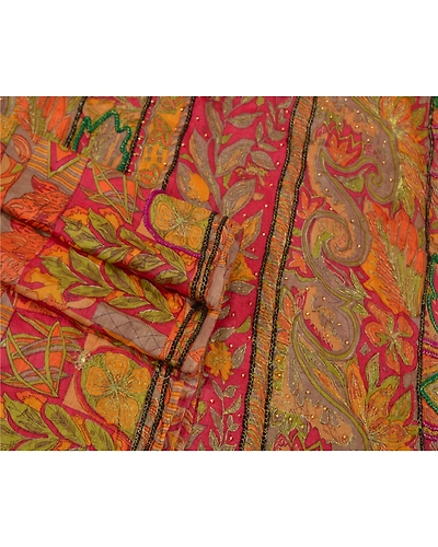 Sanskriti Vintage Indian Sarees 100% Pure Silk Hand Beaded Sari Craft Fabric, PS-60942-Multi-Printed Work-Pure Silk-8