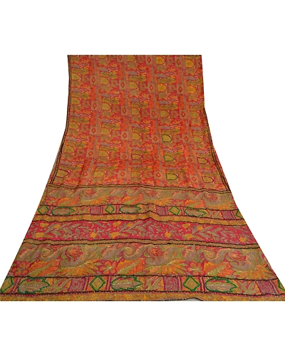 Sanskriti Vintage Indian Sarees 100% Pure Silk Hand Beaded Sari Craft Fabric, PS-60942-Multi-Printed Work-Pure Silk-9