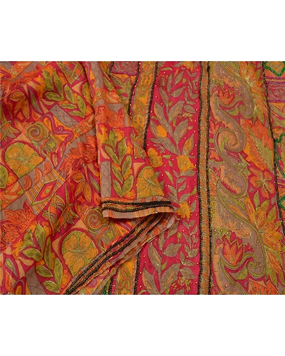 Sanskriti Vintage Indian Sarees 100% Pure Silk Hand Beaded Sari Craft Fabric, PS-60942-Multi-Printed Work-Pure Silk-10