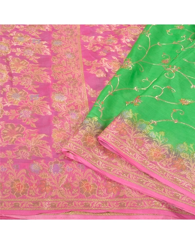 Sanskriti Vintage Green Sarees Pure Silk Embroidered Woven Sari Craft Fabric, PS-60953-Green &amp; Pink-Thread Work-Pure Silk-2