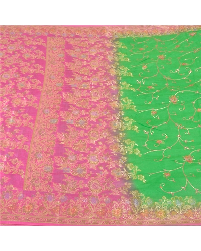 Sanskriti Vintage Green Sarees Pure Silk Embroidered Woven Sari Craft Fabric, PS-60953-Green &amp; Pink-Thread Work-Pure Silk-4