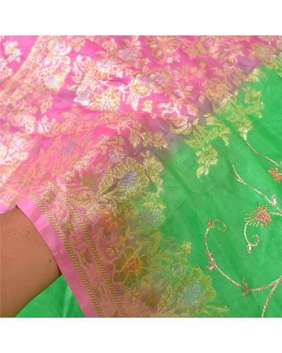 Sanskriti Vintage Green Sarees Pure Silk Embroidered Woven Sari Craft Fabric, PS-60953-Green &amp; Pink-Thread Work-Pure Silk-5