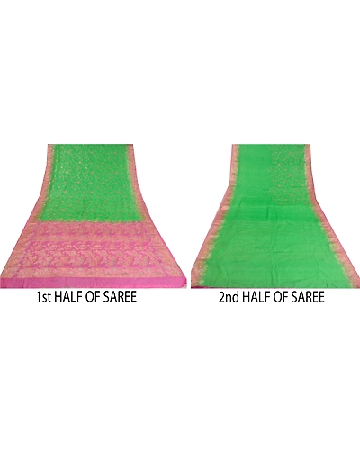 Sanskriti Vintage Green Sarees Pure Silk Embroidered Woven Sari Craft Fabric, PS-60953-Green &amp; Pink-Thread Work-Pure Silk-6