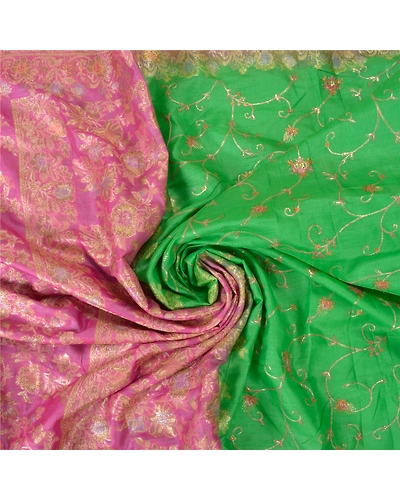 Sanskriti Vintage Green Sarees Pure Silk Embroidered Woven Sari Craft Fabric, PS-60953-Green &amp; Pink-Thread Work-Pure Silk-7