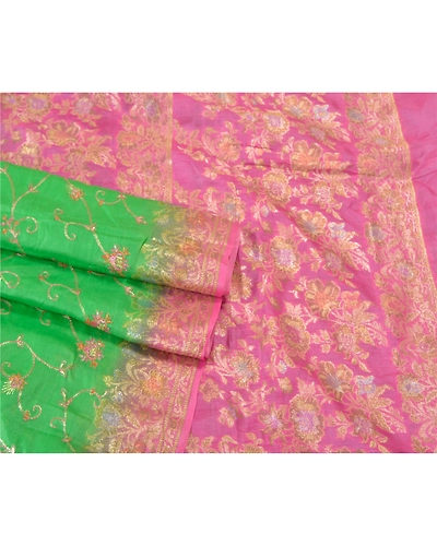 Sanskriti Vintage Green Sarees Pure Silk Embroidered Woven Sari Craft Fabric, PS-60953-Green &amp; Pink-Thread Work-Pure Silk-8