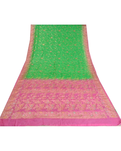 Sanskriti Vintage Green Sarees Pure Silk Embroidered Woven Sari Craft Fabric, PS-60953-Green &amp; Pink-Thread Work-Pure Silk-9
